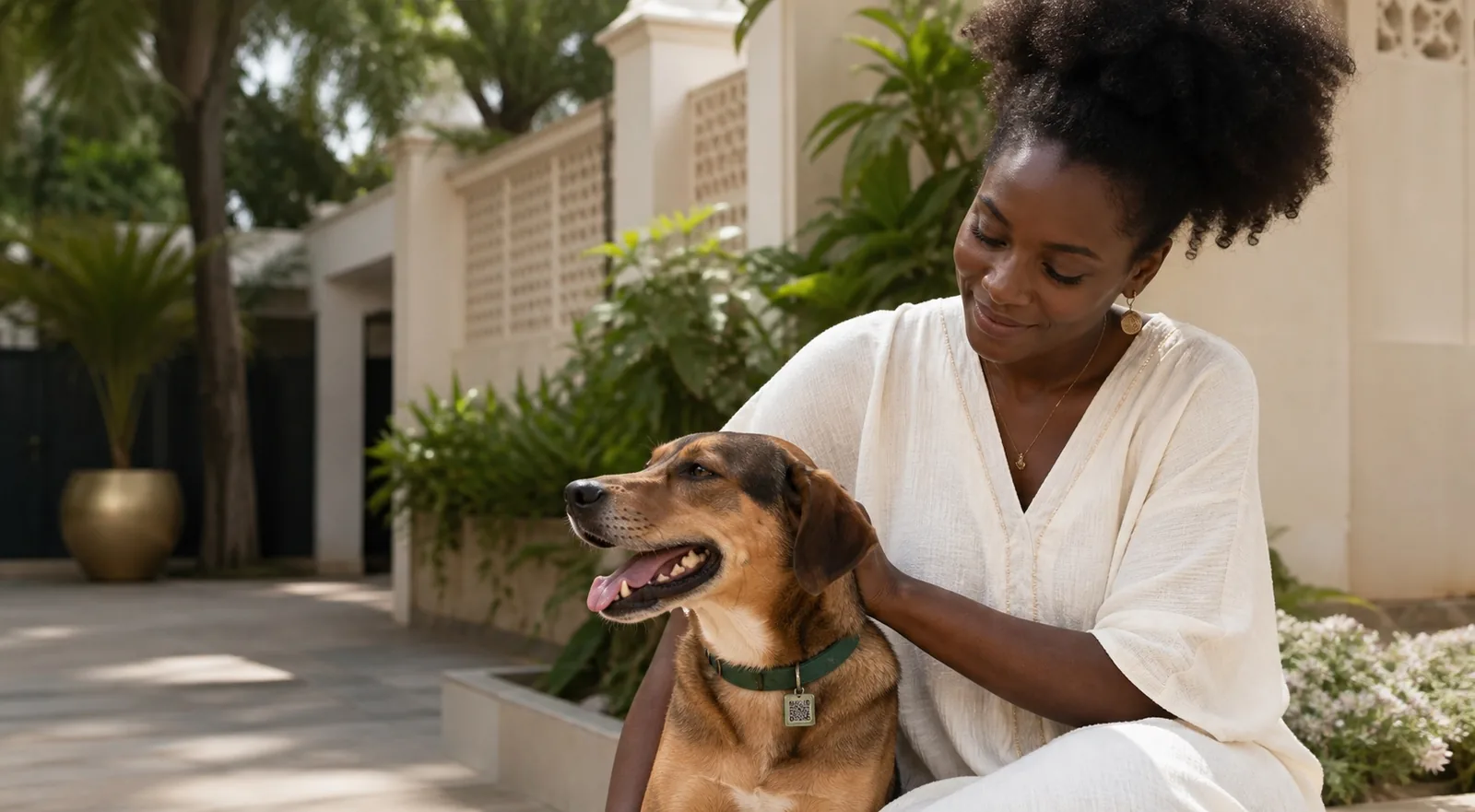 A dog owner with her dog in a garden in Abidjan