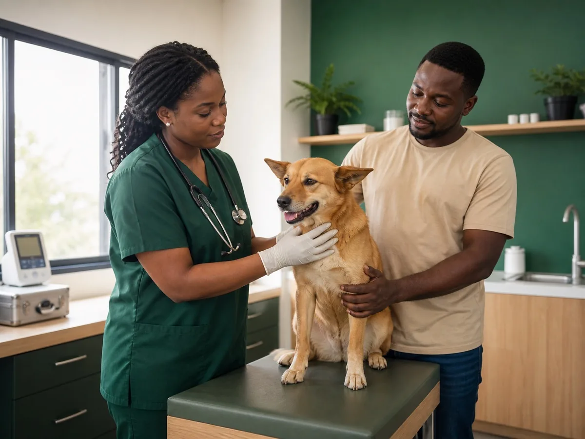 Une vétérinaire examine un chien avec son propriétaire